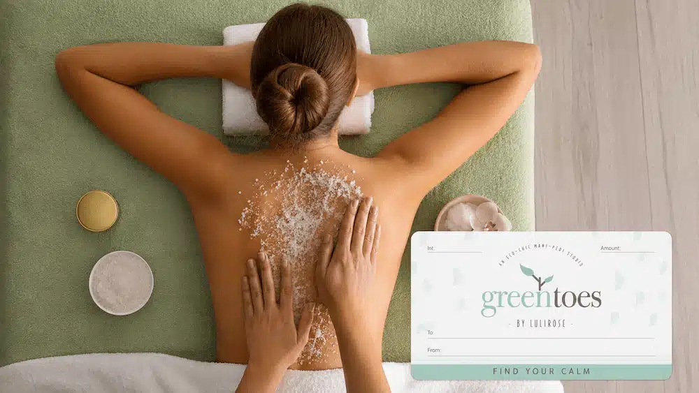 Photo of a woman receiving sugar scrub with an image of a greentoes gift card